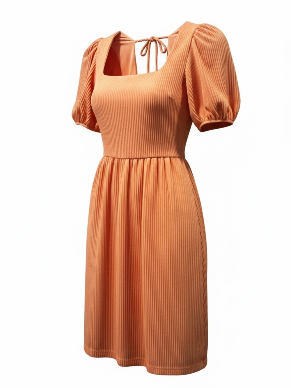 Altar'd State Coral Ribbed Baby Doll Dress with Puff Sleeves